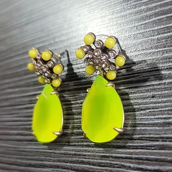 J.Crew Neon Green Gold Floral Drop Earrings - Picture 4 of 6